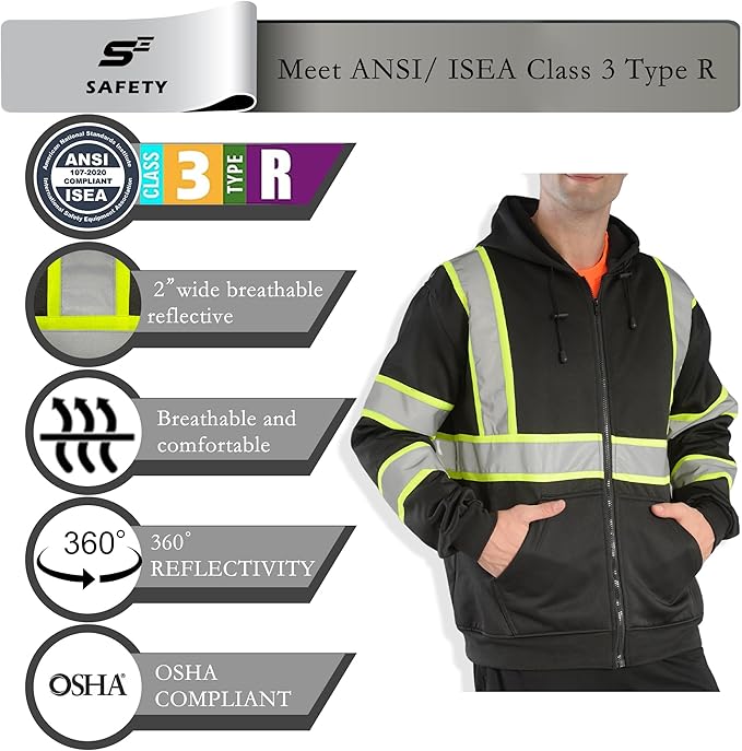 sesafety High Visibility Safety Sweatshirt for Men, Class 3 Reflective Zippered Hooded Sweatshirt, Hi-Vis Safety Hoodie with Black Bottom