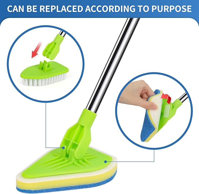 2 in 1 Scrub Cleaning Brush with 37” Long Extendable Handle,1 Stiff Bristle and 3 Sponge Brushes, Lightweigh Detachable Shower Scrubber for Cleaning Bathroom Shower Bathtub Glass Tile Floor