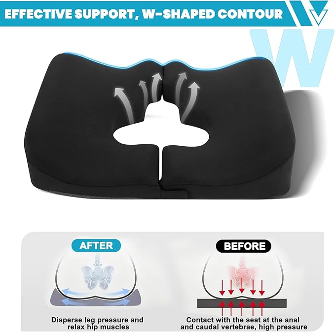 4.5" Donut Pillow for Tailbone Pain, 100% Memory Foam Bedsore Pressure Relief Pillow, Thick Anti Bedsore Cushion - T Shaped Opening Tailbone Pillow - Dark Grey