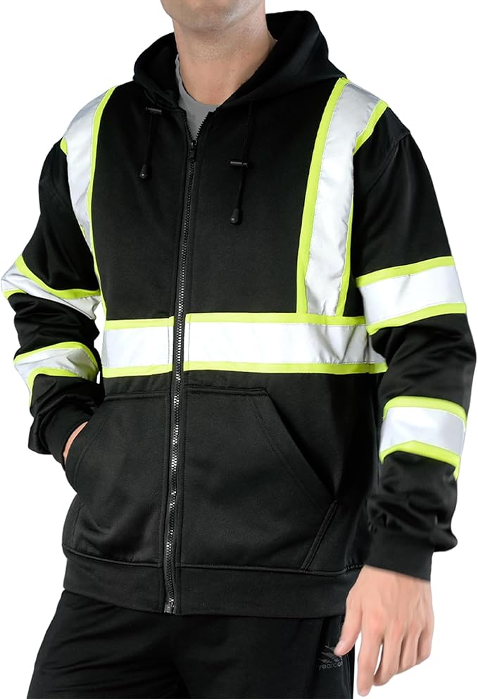 sesafety High Visibility Safety Sweatshirt for Men, Class 3 Reflective Zippered Hooded Sweatshirt, Hi-Vis Safety Hoodie with Black Bottom