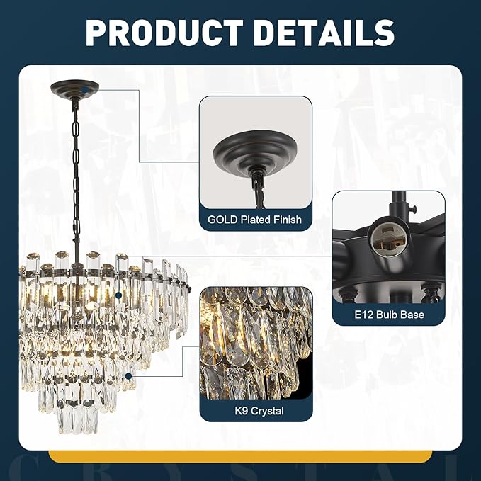 6-Tiers Modern Crystal Chandelier Black 12-Light 23.6'' Contemporary Round Pendant Chandeliers Light Luxury Ceiling Hanging Lighting for Living Dining Room Bedroom Kitchen Island Foyer