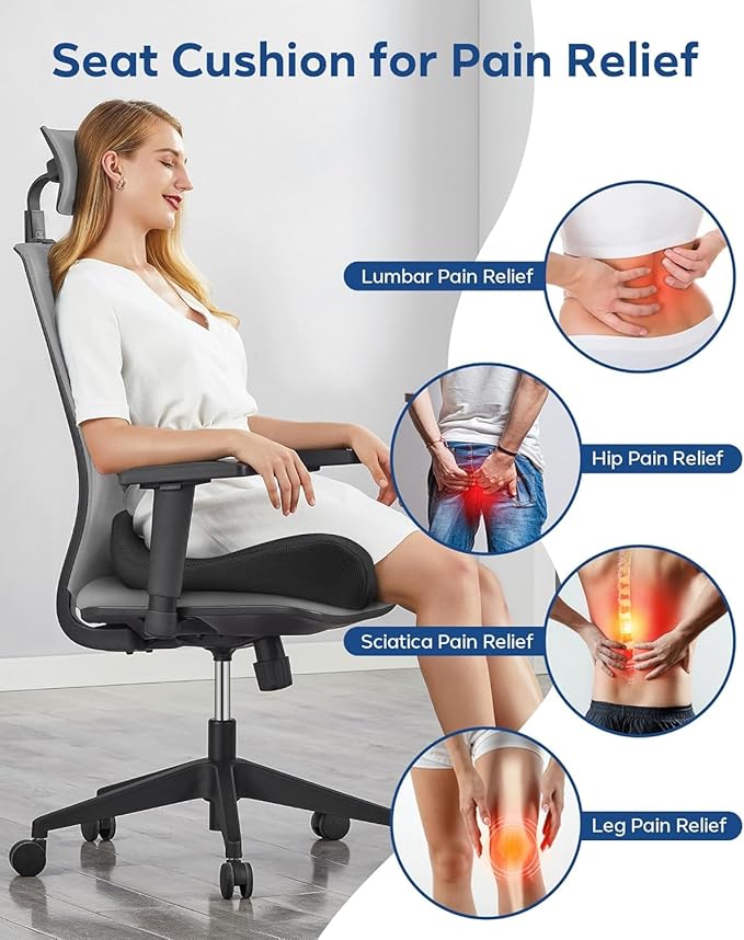 Feagar Office Chair Cushion for Sciatica & Tailbone Pain Relief – Extra Thick Memory Foam Seat Cushion for Long Sitting, Desk Chair & Wheelchair, Non-Slip Bottom