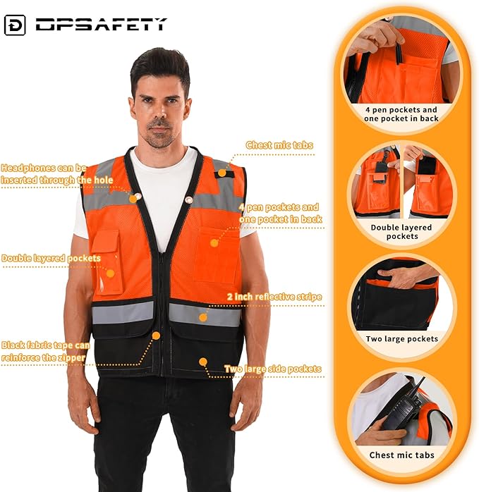 Reflective Safety vest With back plan pocket,High visibility Class 2 Heavy Duty Surveyor Vest with Zipper,Hi Vis Construction Work Vest for Men＆Women ANSI/ISEA(Orange-Bottom,XL)