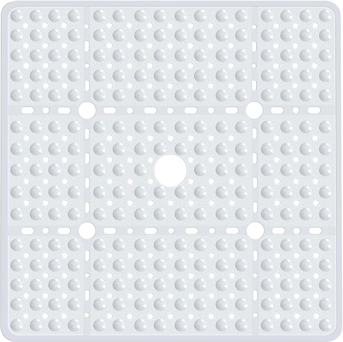 Large Square Shower Mat 27 x 27 Inch White, Non Slip Shower Bathtub Mats for Inside Shower With Big Suction Cups Drain Holes, Anti Slip Bathroom Floor Shower Stall Mats, Easy Clean, BPA-Free