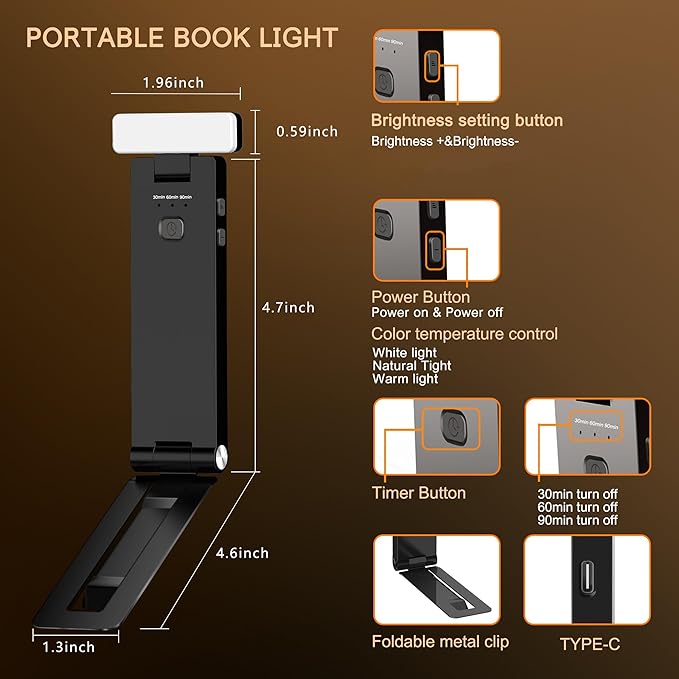 Book Lights,1500mAh Rechargeable Reading Light in Bed, 3 color Adjustable Reading Lights, 3 Brightness dimming Portable Bookmark Night Lamp, Built-in Battery Book Light, Best gift for Book lovers