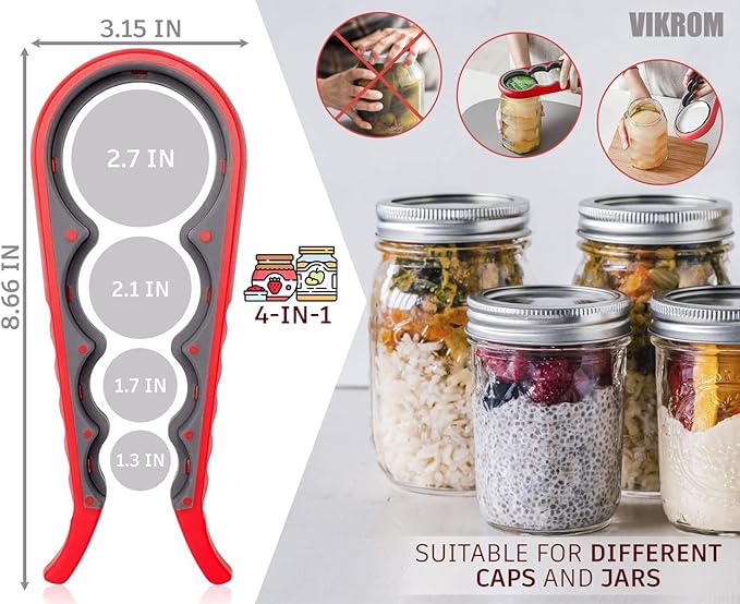 3 Pcs Rubber Jar Opener Grippers Tools for Seniors - Rubber Jar Opener Gripper Pad & 2 Openers for Seniors with Weak Hands, Ergonomic Handle, Easy to Use, Fits Up to 2.7 Inch Caps, Valentines Day Gift