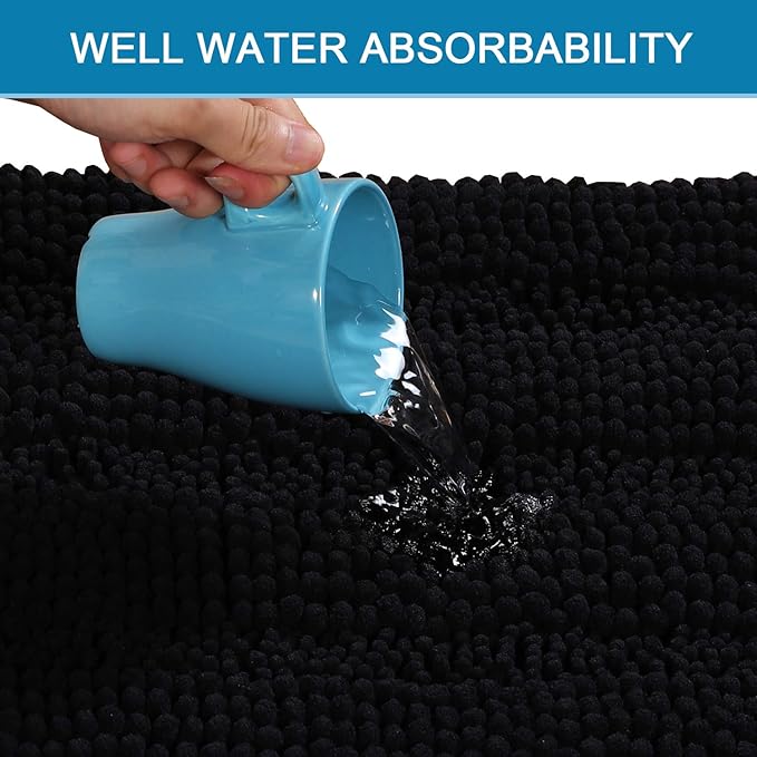 H.VERSAILTEX Bath Rugs for Bathroom Non Slip Bath Mats Extra Thick Chenille Striped Bath Rug Runners 47" x 17" Absorbent Fluffy Soft Shaggy Mats Dry Fast Plush Area Carpet for Bath Room - Black