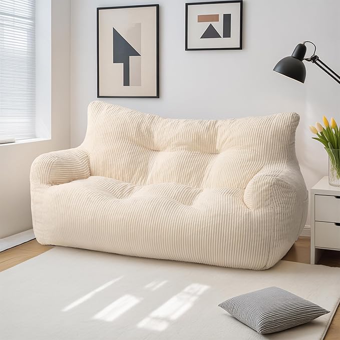59" Bean Bag Chair,2 Seat Loveseat Sofa,Corduroy Lazy Sofa Bed for Adults,Fit Living Room, Bedroom,Outdoor Spaces,Ultra Soft Dutch Velvet,Fluffy Comfort Washable Cover,72h Rebound,White