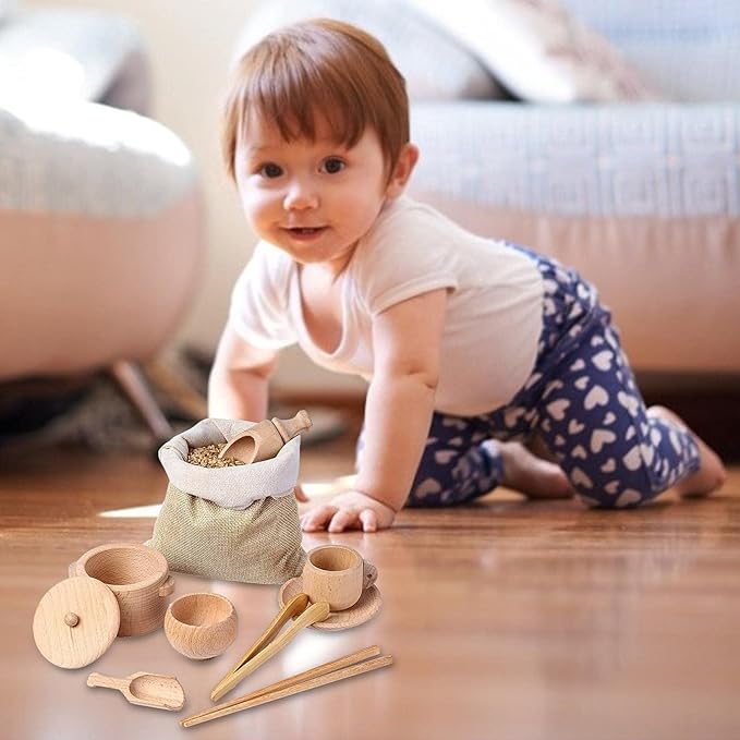 Sensory Bin Tools, Toys, Set of 8 Wooden Scoops and Wooden Tongs, Fine Motor Learning Toy for Children Kids Aged 3 and Up