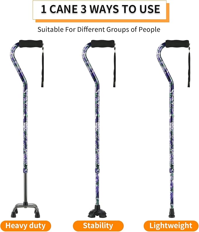 Walking Cane for Women & Men, Adjustable Quad Cane with 4-Prong Base for Stability and Balance, Folding Aluminum Walking Stick for Seniors