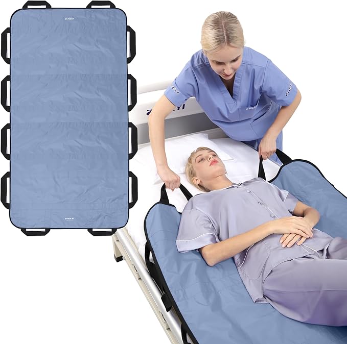 Bed Positioning Pad with Reinforced Handles 63" x 40" Washable Patient Transfer Slide Sheet for Body Lifting, Turning, Repositioning, for Elderly, Incontinence, Caregiver, Blue Gray
