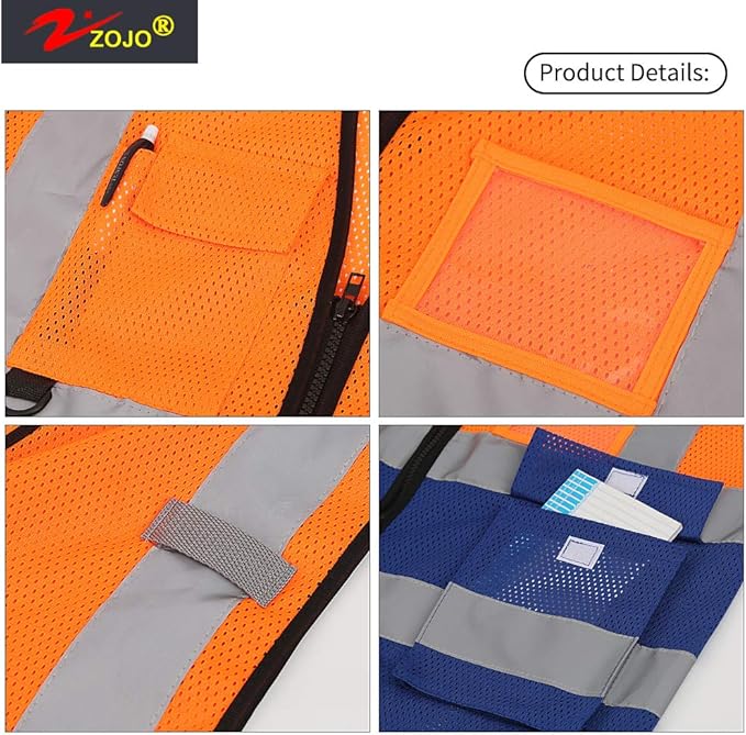zojo High Visibility Safety Vests With Pockets, Pack of 10,Wholesale Reflective Vest for Outdoor Works, Cycling, Jogging, Walking,Sports - Fits for Men and Women(XL- Mesh-Mix Orange & Blue)