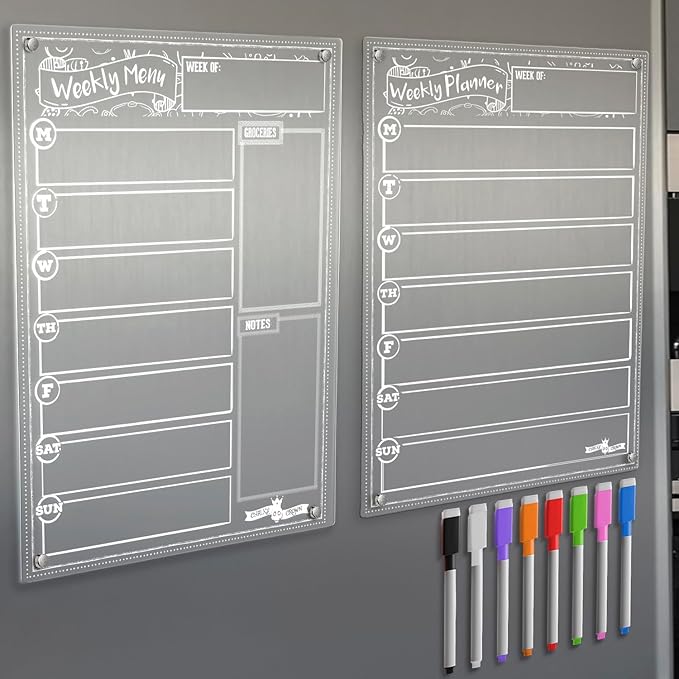 CHALKY CROWN Acrylic Magnetic Weekly Planner for Fridge Plus Menu Board for Kitchen with 8 Magnetic Markers - Dry Erase Board for Fridge - Weekly Meal Planner (2 Boards, 14.5x10.2 Each)