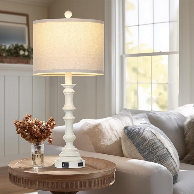 27.5" White Tall Lamp for Living Room, Vintage Farmhouse Table Lamps Set of 2 with USB C+A Ports & AC Outlet, 3-Way Touch Control Bedside Lamps, Rustic Bedroom Lamp for Nightstand Side Table
