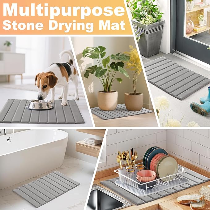 Stone Bath Mats for Bathroom, Super Absorbent Diatomaceous Earth Bath Mat Comfort PU Leather Finish, Quick Dry Non-Slip Easy to Clean,Removable & Foldable Stone Dish Drying Mat Kitchen 24x16