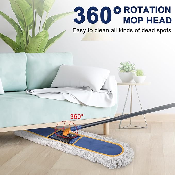 KeFanta 36" Commercial Dust Mops for Floor Cleaning,Industrial Dry Mop with Heavy Duty Long Handle,Large Cotton Reusable Mop Head,for Hardwood,Tile,Concrete,Laminate,Garage Floors(Blue)