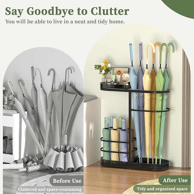 Minimalist Umbrella Stand for Indoor Entryway, Free Standing Umbrella Holder Holds 12+ Paraguas/Canes - Metal Storage Rack with Acrylic Basket & Drip Tray for Home Office Hall
