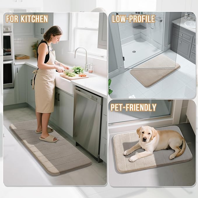 Yimobra Memory Foam Bath Mat Set 3 Pieces- Super Soft Absorbent Quick Dry Bathroom Rug Sets, Machine Washable Non Slip Floor Carpet for Tub Shower, Vanity & Toilet Base, Beige