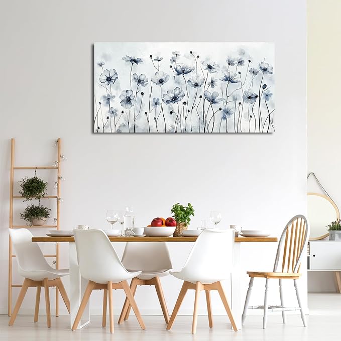 VEAEE Framed Flowers Canvas Wall Art - Indigo Floral Canvas Pictures, Living Room Wall Decor, Botanical Canvas Prints Painting Abstract Artwork Bedroom Office Home Decor 20"x 40"