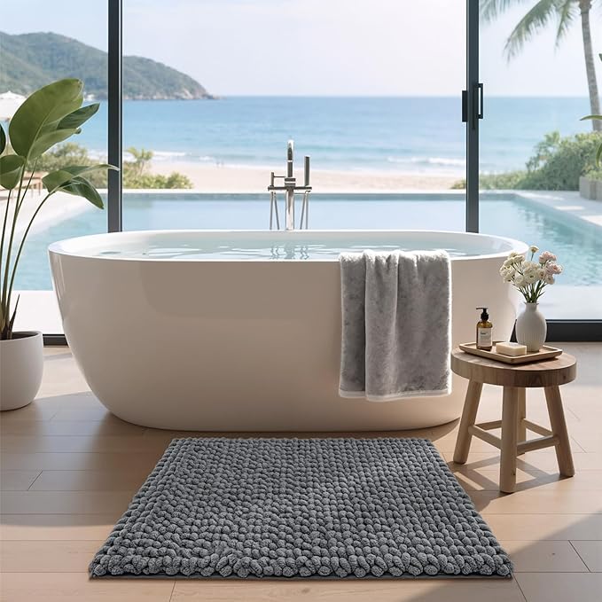 LUMI Luxury Bathroom Rug, Ultra Soft Quick Dry Bath Mat, Non-Slip Absorbent Thick Chenille Bath Rug, Cozy Braid Design Floor Mat for Bathtub, Sink, Laundry, Bedroom, Grey, 24"x36"