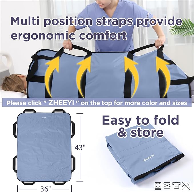 Positioning Bed Pad with Reinforced Handles 43" x 36" Patient Transfer Sheet Aid Assistant for Body Lifting, Turning, Repositioning, for Elderly, Incontinence, Caregiver, Blue Gray