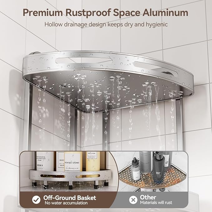 Corner Shower Caddy Stand, 4 Tier Rustproof Standing Shower Organizer with Soap Holder, Aluminum Shower Shelf for Bathroom Storage, Silver