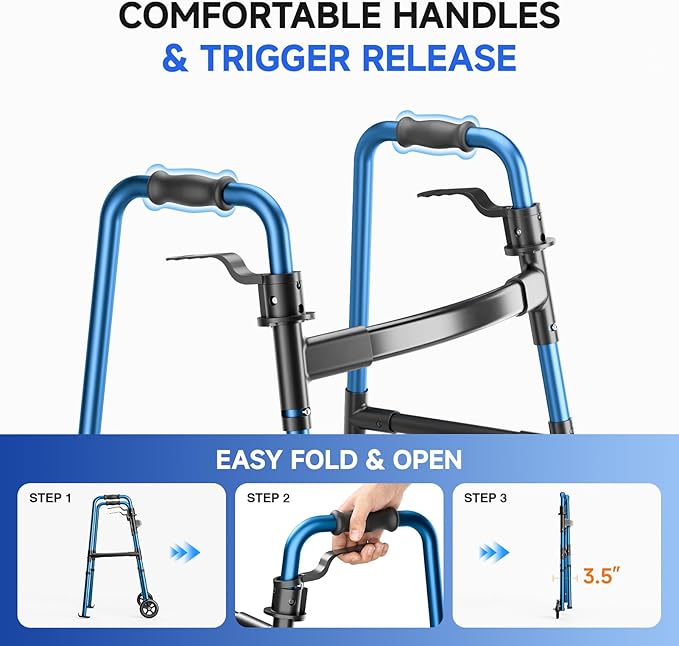 Folding Walker for Seniors, Front Wheel Walker with Storage Bag & Rear Ski Glides, Height Adjustable, 350lbs Capacity, Blue