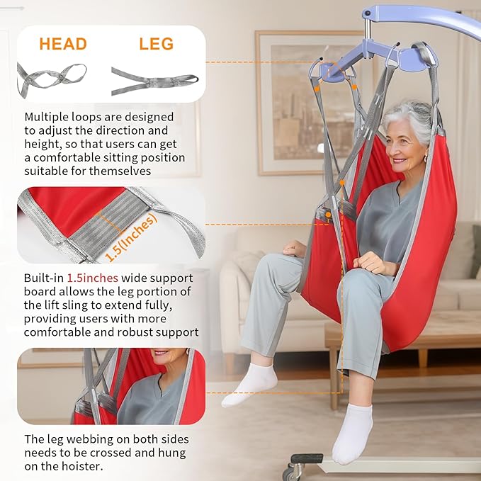 Patient Lift Divided Leg Sling – Heavy Duty 500 lbs Capacity, Easy Hygiene Access with Handles & Pocket, Machine Washable – Small/Medium/Large for Elderly, Disabled & Bariatric Care（Red, S)