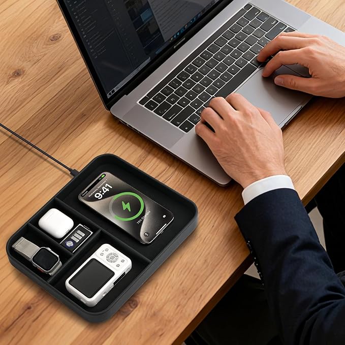 Birthday Gifts Bedside Organiser-Faux Leather Valet Tray With Wireless Charger For Phone And Earbuds,Nightstand Organizer,Mens Jewelry Box,Office Desk Organizers
