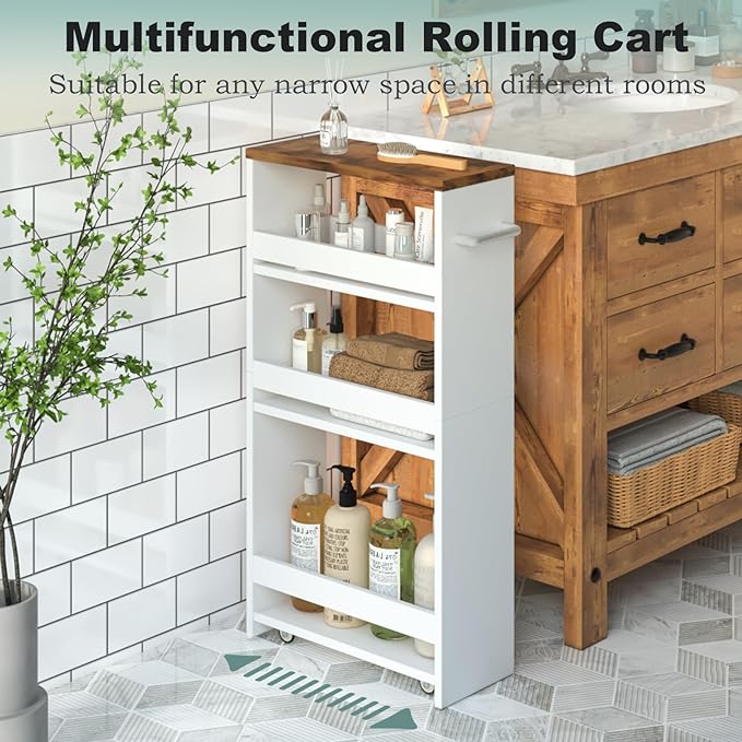 MARTY Rolling Storage Cart 4-Tier White Kitchen Cart with Wheels,Slim Storage Cart with Handle Slide Out Utility Cart Shelving Unit Organizer Trolley for Laundry Narrow Places Bathroom Small Corner