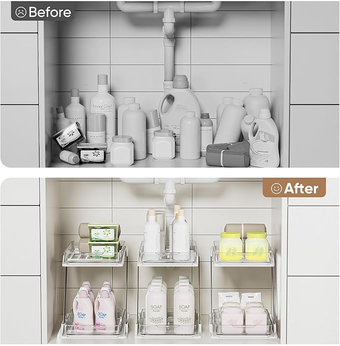 2 Pack Bathroom Organizers and Storage - Multi-Purpose,2-Tier Clear Pull Out Organization for Bathroom,Under Sink,Kitchen,Vanity,Countertop,Cabinet,Pantry & Medicine Cabinet,White