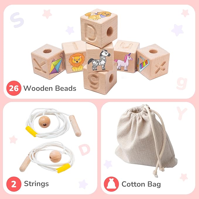 Bimi Boo Alphabet Lacing Beads for Toddlers - ABC Fine Motor Letter Threading Wooden Toy with Objects & Animals (26 Large Stringing Blocks, 2 Ropes, Cotton Bag)