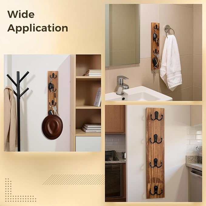 Key Holder Wall Mount, Solid Wood Organizer Shelf, Four Double Hooks, Vertical Entryway Storage for Keys, Mail, Leashes, Rustic Farmhouse Style Home Decor