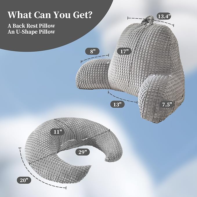Reading Pillow for Bed,U Shaped & Back Support Pillow for Bed,17" Backrest with Lumbar & Arm Support,Comfy Flannel Fabric,Lap Pillow for Gaming/Reading/Watching TV,Gray