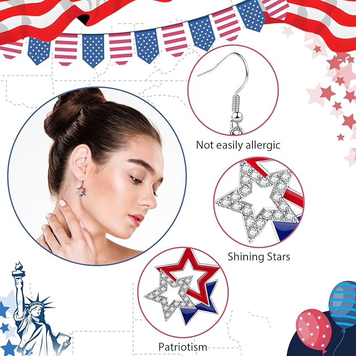 July 4th Independence Day Earrings American Flag Five-pointed Star Earrings Dangle Earrings for Women Independence Day Gifts