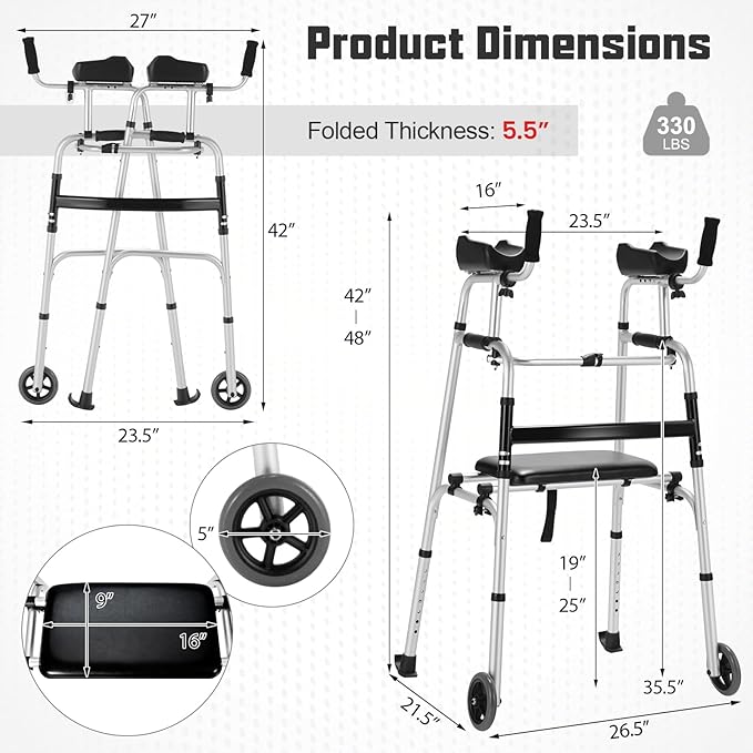 Folding Walkers for Seniors, Upright Walker with Seat, Removable Arm Support & 5" Wheels, Height Adjustable Platform Walker Mobility Aid for Elderly