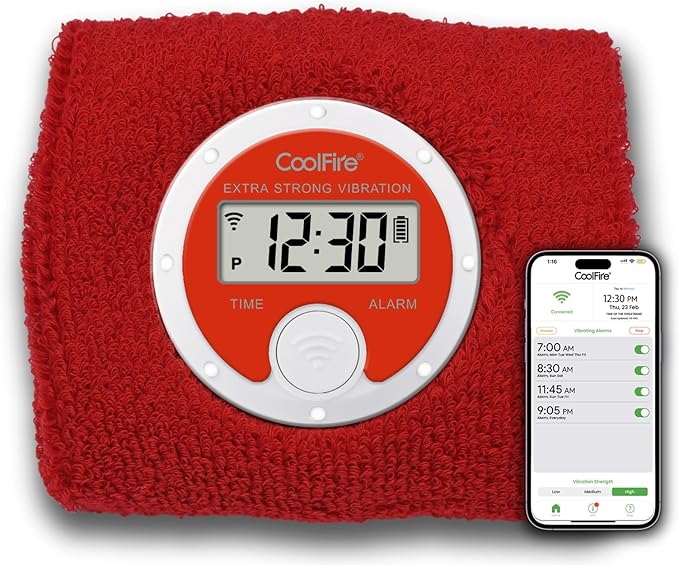 Coolfire - Vibrating Alarm Clock Sweatband, Silent Wake Yourself Up Wristband Vibrating Alarm Watch for Couples, Students, Easy to Set on User-Friendly App, Hearing Impaired, USB Chargeable (RED)