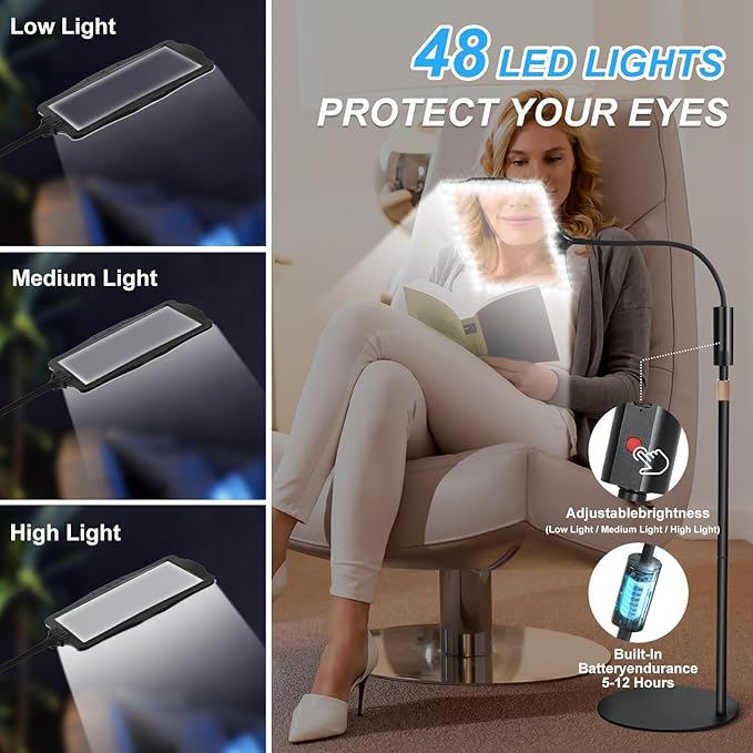 Hands Free Floor Magnifying Glass, with Light and Stand, 3 Light Modes Rechargeable Floor Magnifying,Suitable for Reading, Sewing, Crafts, DIY, Embroidery, Close Work. Magnifiers for Seniors