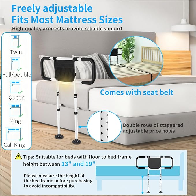 Bed Rails for Elderly Adults Safety - Adjustable Bed Side Rails with Support Leg, Bed Cane with Storage Bag and Motion Sensor Light, Fits Queen, King, Twin, Full, Supports up to 400lbs