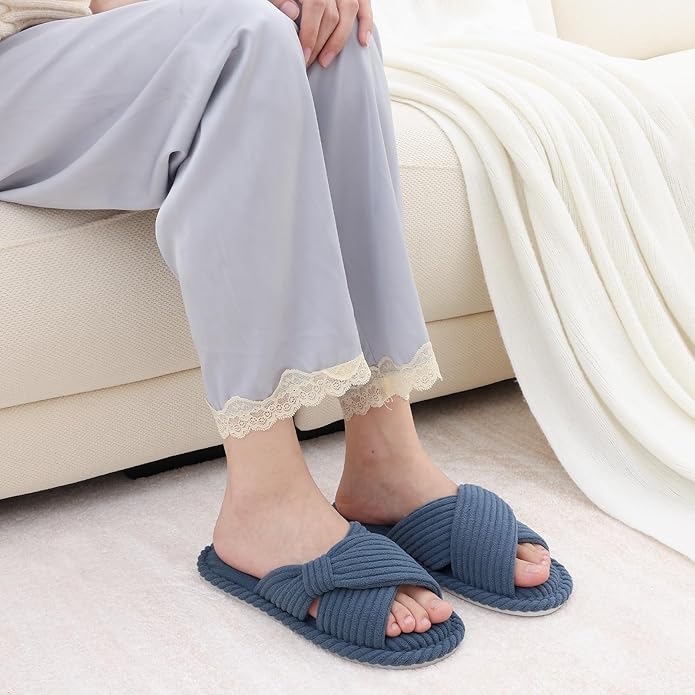 Evshine Fall House Slippers for Women Corduroy Cross Bow Indoor Slippers Open Toe Slip On Bedroom Shoes with Memory Foam