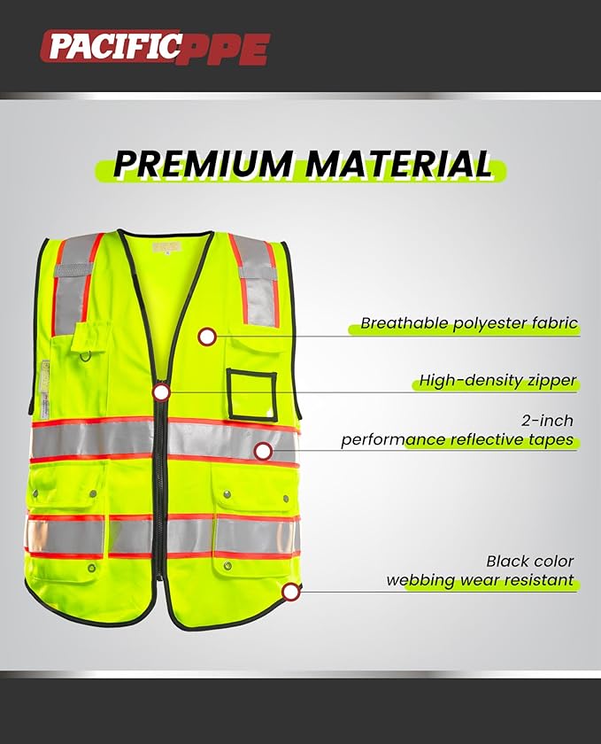 PACIFIC 10 Pockets Class 2 Safety Vest for Men, 3M High Visibility Reflective Strips, Meets ANSI/ISEA Standard, Yellow, Medium