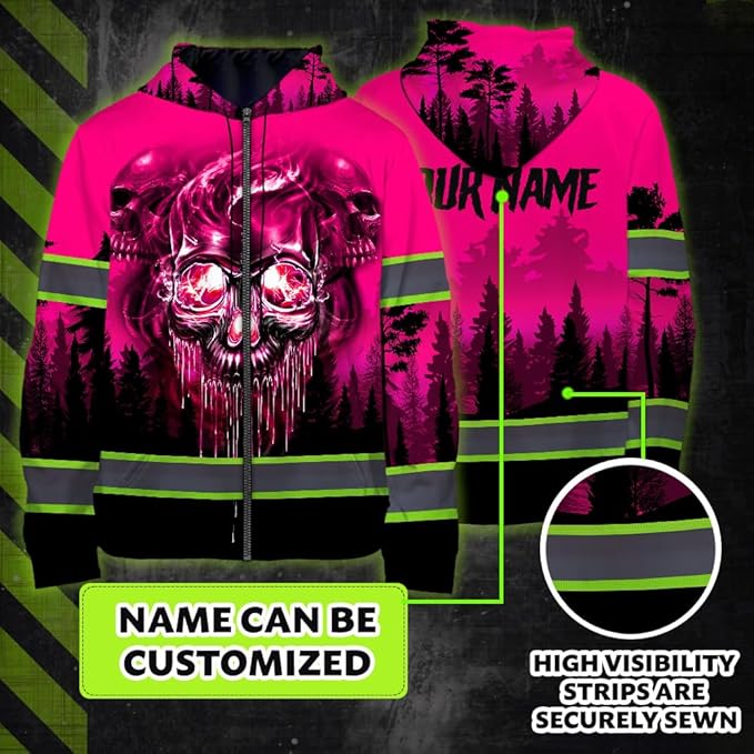 Maddly Hi Vis Reflective Zip Up Hoodie, High Visibility Safety Jacket with Skull Design for runner, worker, trucker, cyclist