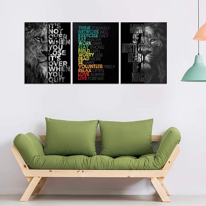 Motivational Office Wall Art Inspirational Canvas Wall Art Hustle Posters Wall Decor Print Entrepreneur Quote Wall Painting Picture 3 Pieces Artwork for Bedroom Home Decor Wooden Framed (36”Wx16”H)