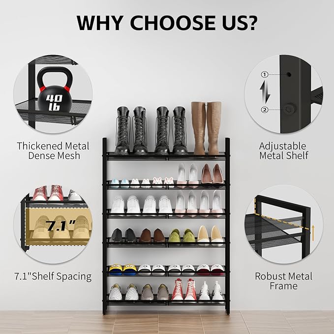 Shoe Rack, 6-Tier Metal Shoe Organizer, Tall Shoe Rack for Closet,entryway,Garage, with Adjustable Flat or Angled Shelves, Holds 18-24 Pairs,Shoes That can accommodate The Whole Family.