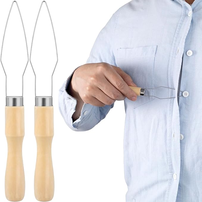 2 Packs Easy Button Hook, Steel Button Helper Tool for Elderly, Wide Wood Handle Buttons Fastener Device Assist Dressing Aid Tool for Seniors One Hand