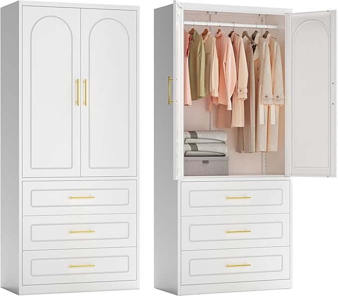 Armoire Wardrobe Closet with Three Drawers, 71" Tall Large Wardrobe Cabinet with Hanging Rod, Clothing Metal Storage Cabinet with Doors and Shelves for Bedroom, White, Assemble Required