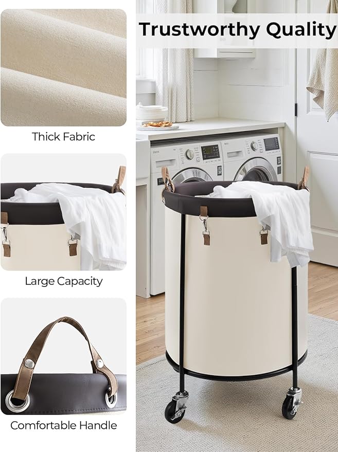 StorageWorks 170L Rolling Laundry Basket, Clothes Hamper with Wheels, Round Clothing Cart with Steel Frame and Removable Bag, 4 Casters and 2 Brakes, Beige, 1-Pack
