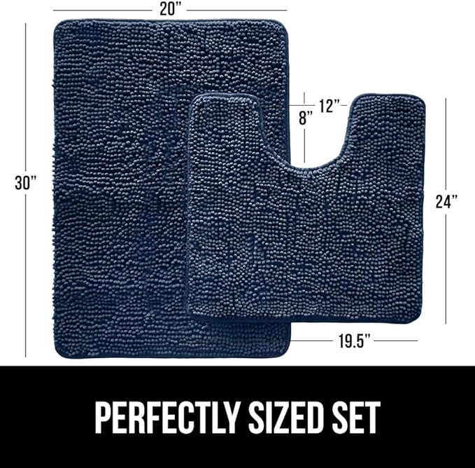 GORILLA GRIP Bathroom Rug Sets, Soft Chenille 2 Piece Area Rugs Set, Toilet Base Mat and 30x20 Carpet, Absorbent Microfiber Washable Mats Dry Quickly, Home Décor and Bath Room Accessories, Navy Blue