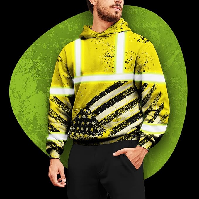 US Flag High Visibility Hoodie for Men Reflective Hoodie Safety Workwear for Worker Runner Patriotic ACC02
