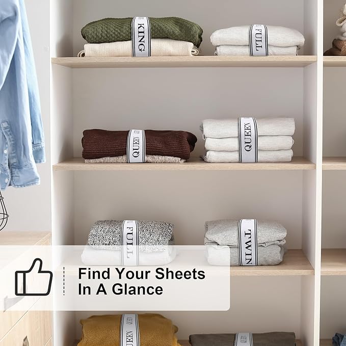 Bed Sheet Organizer Bands with Hook and Loop Adjustable Sheet Organizers and Storage Label Bands for Linen Closet-Elastic Bedding Sheet Keeper Straps for Bedsheet Sets (Full 4PCs)